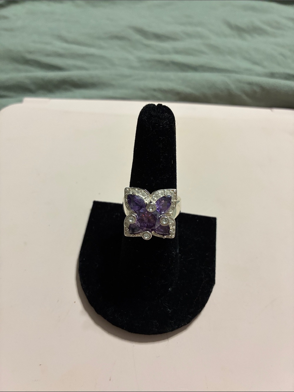 Silver tone  Butterfly Ring with Purple Gemstones